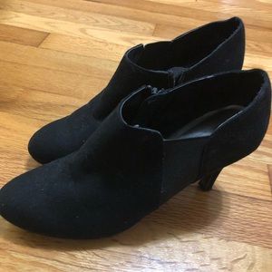 Black faux velvet heels